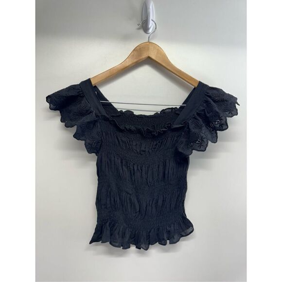AQUA Eyelet Cropped Top Flutter Sleeve Size Extra Small Black 100% Cotton NWT - Picture 2 of 8
